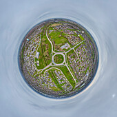 Aerial view of a tiny planet perspective of Bransholme with circular roads and green spaces, Hull, England, United Kingdom.