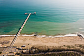 Aerial view of the beautiful Pier of Burgas with sandy beach and tranquil sea, Burgas, Burgas, Bulgaria.