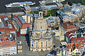 Dresden, Deutschland - 19 September 2024: Aerial view of the historic frauenkirche dresden church amidst beautiful old town buildings and a scenic river, Dresden, Sachsen, Germany.