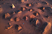 Aerial view of ancient pyramids in a beautiful arid desert landscape, River Nile, Sudan.