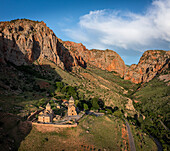 Aerial view of Noravank Monastery, an orthodox church with beautiful architecture among the mountains, Areni, Vayots Dzor Province, Armenia.