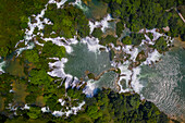 Aerial view of Ban Gioc Detian Falls along the Quay Son River on the Karst hills of Daxin County, Guangxi, China.