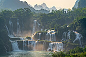 Aerial view of Ban Gioc Detian Falls along the Quay Son River on the Karst hills of Daxin County, Guangxi, China.