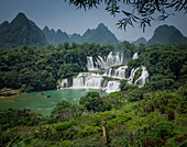 Aerial view of Ban Gioc Detian Falls along the Quay Son River on the Karst hills of Daxin County, Guangxi, China.