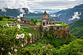 Aerial view of Tatev Monastery on the rocks, a monastery complex with view over the valley and mountains, Tatev, Syunik Province, Armenia.