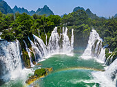 Aerial view of Ban Gioc Detian Falls along the Quay Son River on the Karst hills of Daxin County, Guangxi, China.