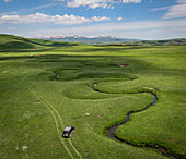 Aerial view of stream of waters near fresh water springs, Nshkhark, Gegharkunik Province, Armenia.