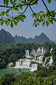 Aerial view of Ban Gioc Detian Falls along the Quay Son River on the Karst hills of Daxin County, Guangxi, China.