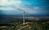 Aerial view of a modern wind farm on a hillside, Palermiti, Calabria, Italy.