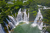 Aerial view of Ban Gioc Detian Falls along the Quay Son River on the Karst hills of Daxin County, Guangxi, China.