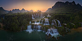 Aerial view of Ban Gioc Detian Falls along the Quay Son River on the Karst hills of Daxin County, Guangxi, China.