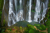 Aerial view of Ban Gioc Detian Falls along the Quay Son River on the Karst hills of Daxin County, Guangxi, China.