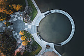 Aerial view of a beautiful circular jetty surrounded by tranquil water and greenery, Mandurah, Australia.