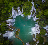 Aerial view of Ban Gioc Detian Falls along the Quay Son River on the Karst hills of Daxin County, Guangxi, China.