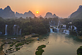 Aerial view of Ban Gioc Detian Falls along the Quay Son River on the Karst hills of Daxin County, Guangxi, China.