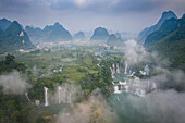 Aerial view of Ban Gioc Detian Falls along the Quay Son River on the Karst hills of Daxin County, Guangxi, China.