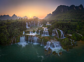 Aerial view of Ban Gioc Detian Falls along the Quay Son River on the Karst hills of Daxin County, Guangxi, China.