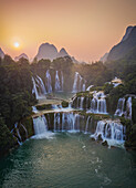 Aerial view of Ban Gioc Detian Falls along the Quay Son River on the Karst hills of Daxin County, Guangxi, China.