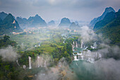 Aerial view of Ban Gioc Detian Falls along the Quay Son River on the Karst hills of Daxin County, Guangxi, China.