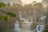 Aerial view of Ban Gioc Detian Falls along the Quay Son River on the Karst hills of Daxin County, Guangxi, China.