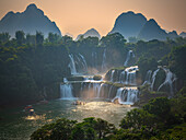 Aerial view of Ban Gioc Detian Falls along the Quay Son River on the Karst hills of Daxin County, Guangxi, China.