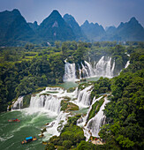 Aerial view of Ban Gioc Detian Falls along the Quay Son River on the Karst hills of Daxin County, Guangxi, China.
