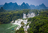 Aerial view of Ban Gioc Detian Falls along the Quay Son River on the Karst hills of Daxin County, Guangxi, China.