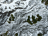 Aerial view of a landscape blanketed with patches of snow and clusters of green trees contrasting against the stark white ground, Slope of the volcano Etna, Sicily, Italy.