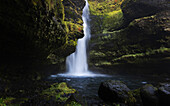 View of a powerful waterfall cascading down moss-covered rocks into a dark pool, creating a serene and mystical atmosphere, Iceland.
