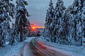 View of a road cuts through a snow-laden forest as the sun sets, casting a warm glow on the icy ground, Rovaniemi, Finland.