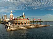 Aerial view of the iconic Navy Pier with its distinctive dome and flag-lined promenade stretching into the vast, shimmering expanse of Lake Michigan, Chicago, Illinois, United States.