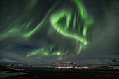 View of vibrant green aurora borealis dances across the dark sky above the snowy landscape and distant lights, Iceland, Iceland.