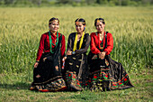 Dhangadhi, Nepal - 26 February 2023: View of three Nepali women adorned in traditional attire, their vibrant red and black garments contrasting with the golden wheat field backdrop.