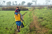 Kolkata, Indien - 28. Januar 2023: Blick auf einen Mann, der durch ein leuchtend grünes Feld geht, ein Kind auf den Schultern, die Szene in sanftes Licht getaucht.