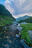 Blick auf einen klaren Bach, der in Kaskaden durch ein üppig grünes Tal fließt, umrahmt von hoch aufragenden Bergen und einem dramatischen Himmel, Vysoké Tatry, Region Prešov, Slowakei.