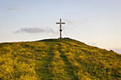 View of a striking cross atop a vibrant, flower-covered hill under a serene sky, a beacon of faith and nature's beauty, St. Kathrein / Offenegg, Weiz, Austria.