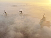 Aerial view of windmills piercing through the dense fog, a mystical dance of architecture and nature's breath, Schansend, Noord-Holland, Netherlands.