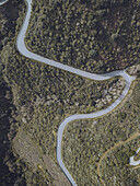 Luftaufnahme einer kurvenreichen Straße, die sich durch die grünen Hügel schlängelt, ein graues Band vor einem Teppich aus Grün, Braun und Gelb, Ribeira Sacra, Lugo, Spanien.