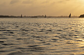 View of the rippling water surface reflecting the golden light of the setting sun, with silhouetted sailboats on the horizon, Lamu, Kenya.