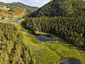 Aerial view of a serene wetland reflecting the sky, embraced by dark green forests climbing steep slopes, a tranquil scene of natural beauty, Morgedal, Telemark, Norway.