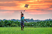 Bogura, Bangladesh - 04 July 2020: View of a cheerful boy running with his kite soaring high against the backdrop of a vibrant sunset over lush fields.