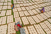 Bogura, Bangladesh - 30 July 2025: Aerial view of women meticulously arranging white food items on mats in the sun, creating a textured mosaic.