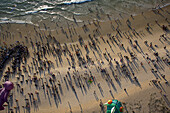 Mangaluru, India - 17 January 2010: Aerial view of sun-drenched sands teeming with figures casting long shadows near the crashing waves of Panambur Beach.