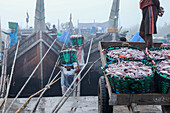 Chittagong, Bangladesh - 28 November 2019: View of fishermen carrying baskets of fish from the boats, their silhouettes fading into the misty harbor, painting a scene of bustling maritime labor.