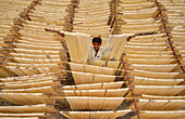 Bogura, Bangladesh - 23 March 2023: Aerial view of a young boy standing amidst the expansive, sun-drenched fields of drying noodles, creating a mesmerizing pattern of parallel lines.