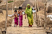 Bogura, Bangladesch - 02. Juni 2024: Blick auf eine Mutter und ihre Kinder, die inmitten der sonnenüberfluteten, strohbedeckten Landschaft über eine rustikale Holzbrücke gehen und Wassergefäße tragen.