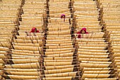 Bogura, Bangladesh - 28 May 2019: Aerial view of women in vibrant red headscarves amidst the expansive golden fields of drying noodles, a tapestry of textures and tones under the open sky.