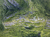 Luftaufnahme einer üppigen Berglandschaft mit Felsformationen und üppigem Grün, Malenga, Port Louis, Mauritius.
