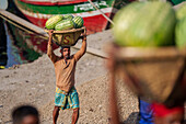Dhaka, Bangladesh - 08 April 2023: View of a man in vibrant turquoise lungi carrying a basket piled high with watermelons near the docks, a testament to the city's bustling trade..