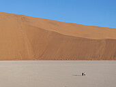 Aerial view of the vast and beautiful deadvlei landscape with arid sand dunes under a blue sky, Hardap, Namibia.